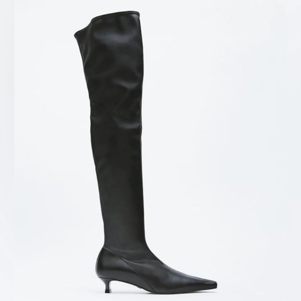 Zara Leather Kitten Heel Over The Knee Boots